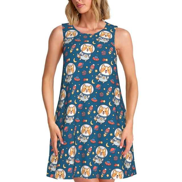 Daiia Astronaute Corgi Imprimé Chien Robes pour Femmes 2025 Tendance Manches Courtes Robes Décontractées Amples Fluides Maxi Robes de Soleil