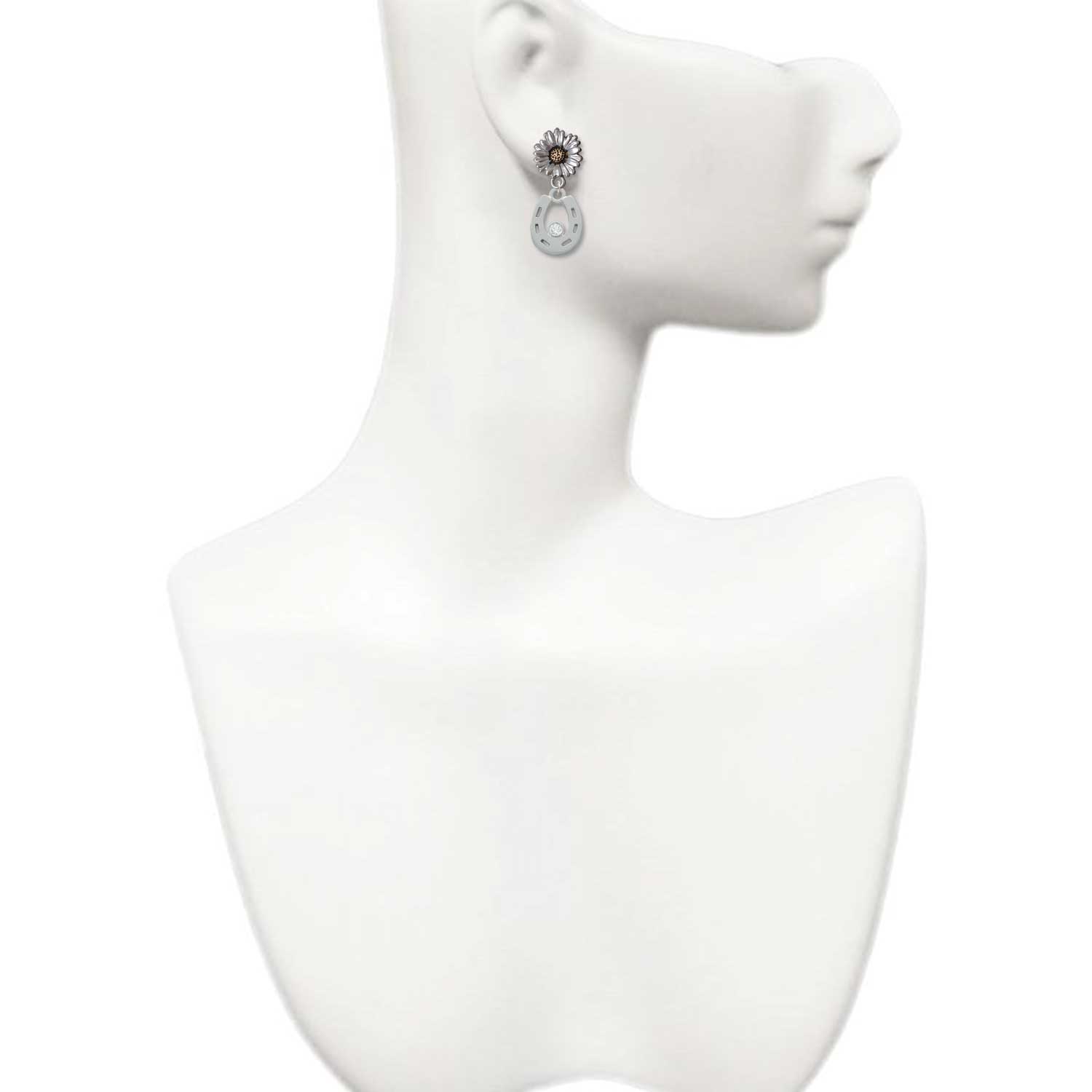 Delight Jewelry Silver-tone Horseshoe with Clear Crystal - Two-tone Daisy Flower Post Earrings