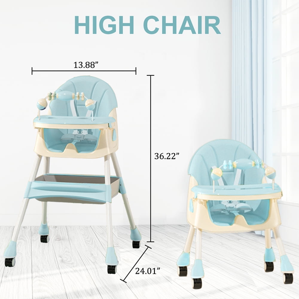 Liyufly 4-in-1 Baby High Chair Portable Baby Toddler Dining Chairs Eat & Play Convertible High Chair with 5-Point Harness, Dinner Plate and Toy Rack, Dark Blue