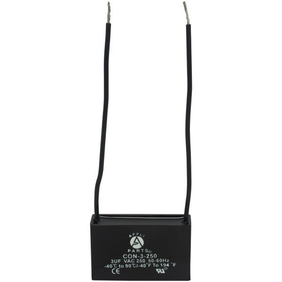 Appli Parts Fan Capacitor 3 mfd (microfarads) uf 250 VAC with 2 Wire Terminal Connections compatible with any brand with same capacitance 1-7/8in Width 1/2in Depth 1-1/8in Height CAP-3-250-2C