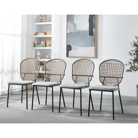 Lisonu Set of 4 Woven Rattan Dining Chairs with Cushioned Seats, Modern Black Metal Frame with Natural Wicker Backrest, Ergonomic Design for Kitchen, Dining Room, Living Room, Restaurant