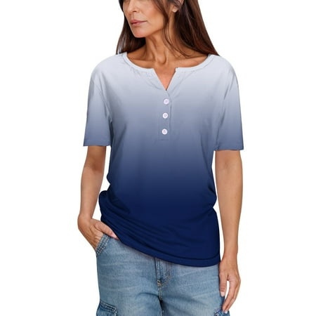 Moxiu Summer Tops for Women 2025 Button Down Short Sleeve Gradient Color V Neck Blouse Tees Spring Dressy Work Tunic Tshirt Navy L