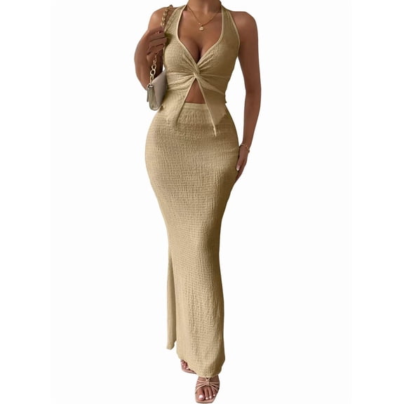 Women'S Two Piece Outfits Twist Front Halter Tops and Skirt Summer Set Khaki XS