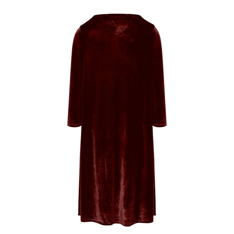 Zhyou Women Velvet Dresses 3/4 Sleeve High Neck A-Line Midi Dress Soft Plush Flowy Elegant Comfort Skirts,Wine,2XL