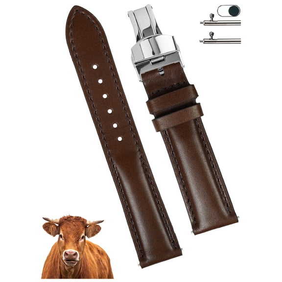 22mm Dark Brown Leather Watch Band Men Deployment Clasp Watch Strap Soft Handmade Wristband Quick Release Replacement Butterfly Buckle, Vintage Gift for Father's Day Dad Son Husband