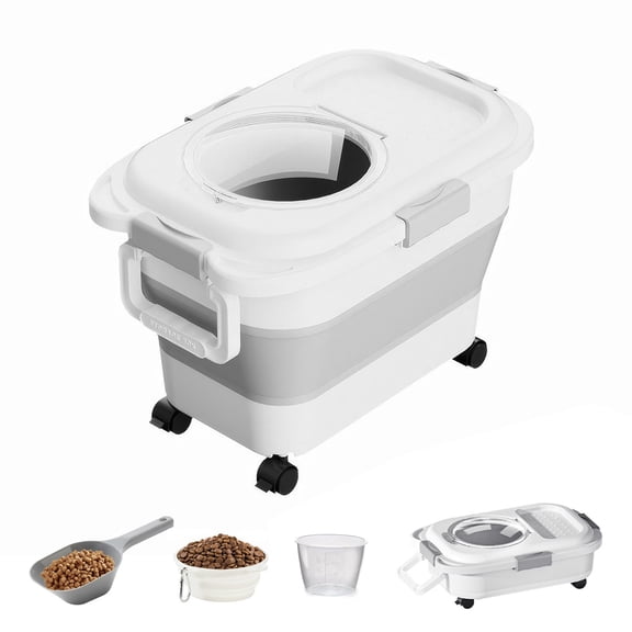 JIAN YA NA Collapsible Pet Dog Food Storage Container, Cereal Flour Rice Storage Bin with Rolling Wheels and Transparent Lid, 20lb Capacity, White