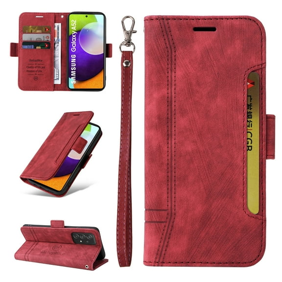 Allytech Case for Samsung Galaxy A52 4G/5G,PU Leather Wallet Cover with ID Credit Card Slots,Magnetic Buckle Flip Stand Shock Absorption Protective Phone Case + Wrist Strap,Red