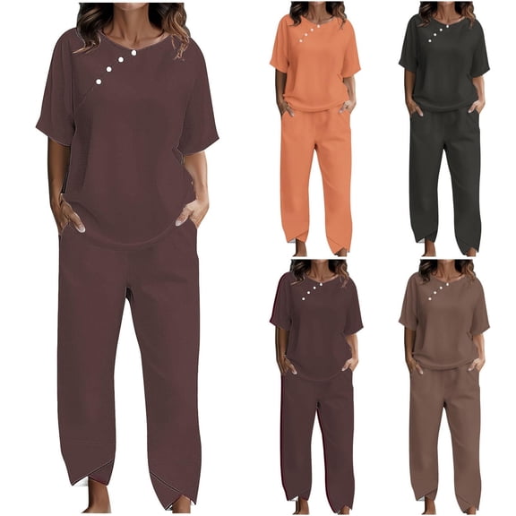 Dazajoo Womens Two Piece Linen Sets Summer Half Sleeve Crewneck Tops Matching Pants with Pockets Lightweight Solid Suits,Coffee,XXL