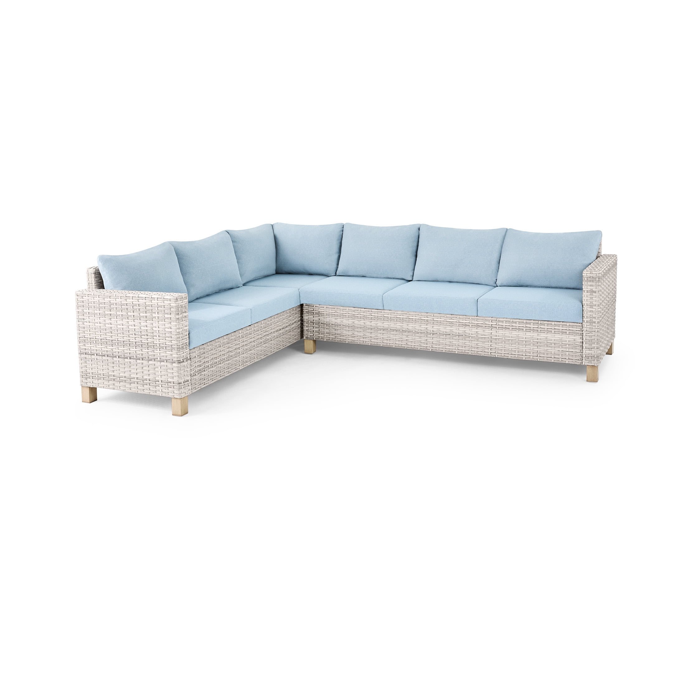 Better Homes & Gardens Brookbury 4-Piece Outdoor Wicker Patio Sectional Dining Set, White Wicker/Chambray Blue Cushions