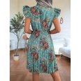 thumbnail image 5 of Women Floral Pleated Knee-Length Dress Vacation Crew Neck Sleeveless High Waist Slim Robe Green M, 5 of 7