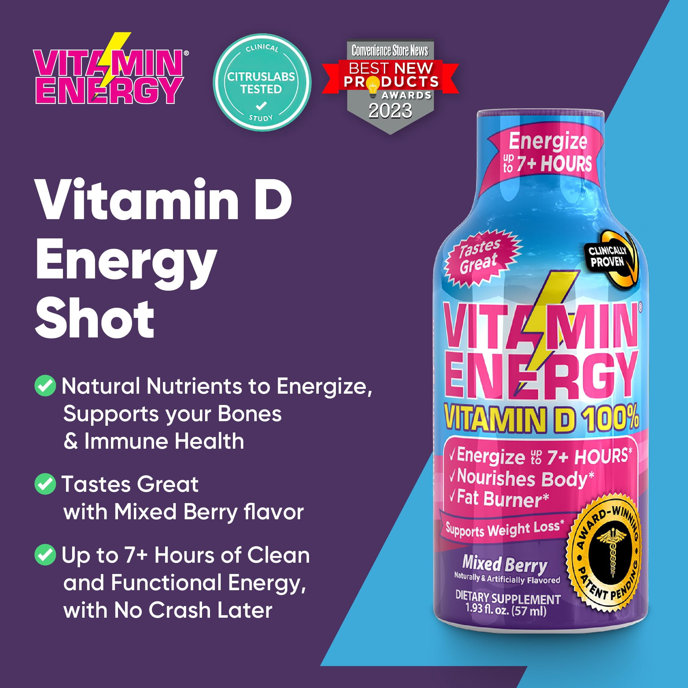 Vitamin Energy Vitamin D Extra Strength Shot, Mixed Berry, 12 Pack – 260mg Natural Caffeine, B-Complex & Vitamin D, Zero Sugar, 1.93 fl oz