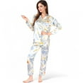 thumbnail image 3 of Women's Botanical Print Satin Pajama Set with Button-Up Top and Long Pants- Blue,Small, 3 of 7