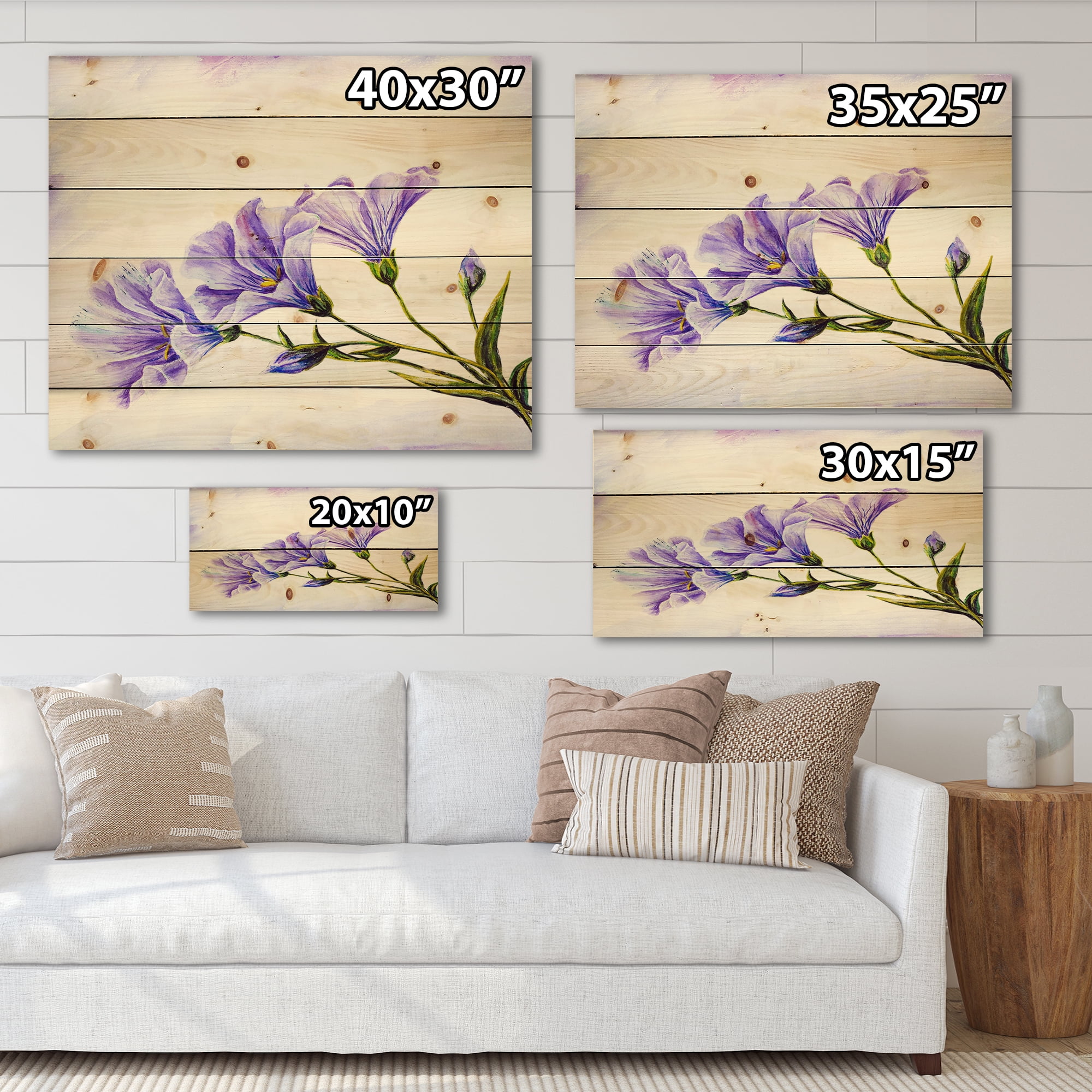 Designart 'Blue Wildflowers With Leaves II' Traditional Print on Natural Pine Wood