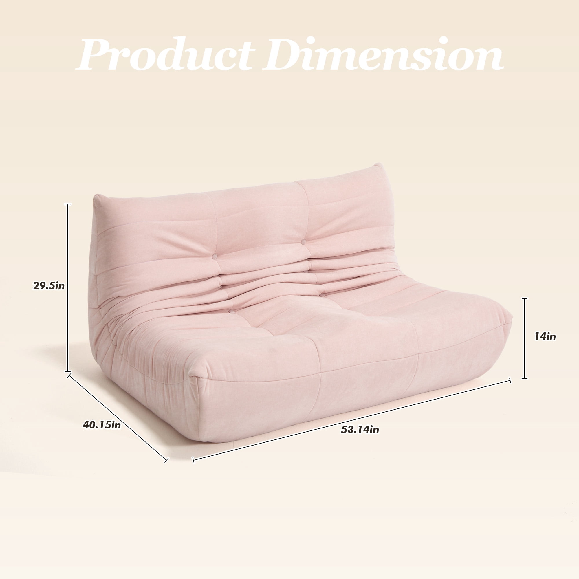 MOONMISS 53.14" Chenille Upholstered Oversized Lazy Sofa, 2-Seater Floor Sofa, Deep Seat Floor Bean Bag Loveseat for Cozy Home Decor, Pink