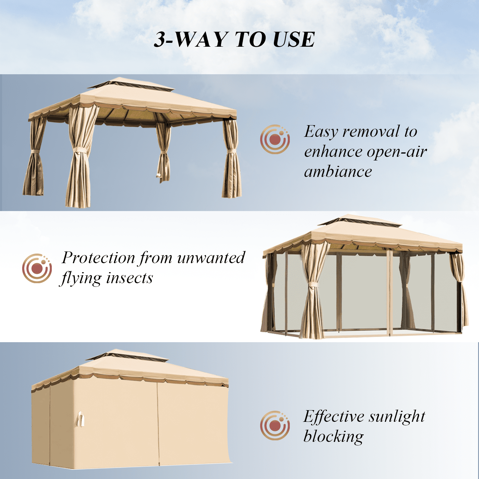 Grezone 10×13 FT Deluxe No Screws Gazebo,Double Roof Outdoor Shelter Tent with Mosquito Nettings and Privacy Screens