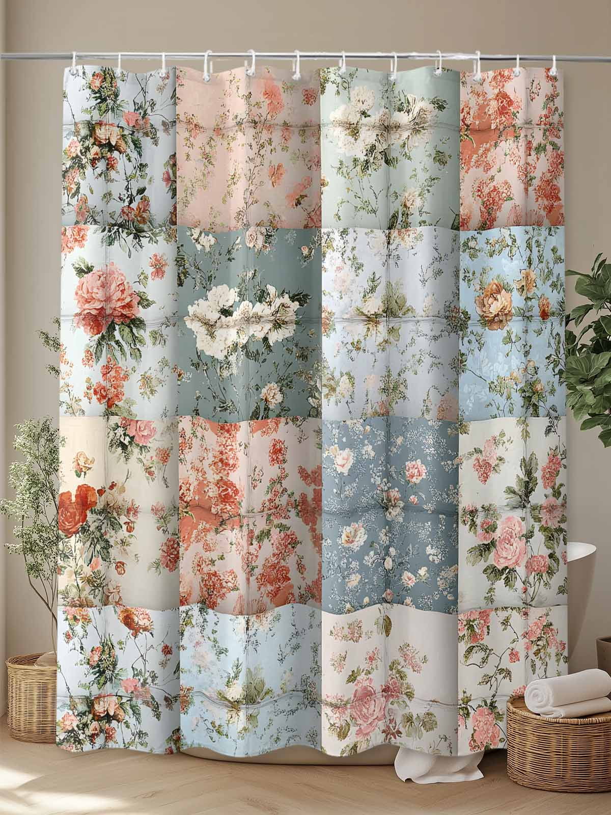 Elegant Spring Floral Extra Long Shower Curtain Set, Waterproof Shower Curtains for Bathroom, Summer Botanical Plaid Farmhouse Washable Fabric Cloth Bath Curtain for Bathtub with Hooks 72x96 Inches