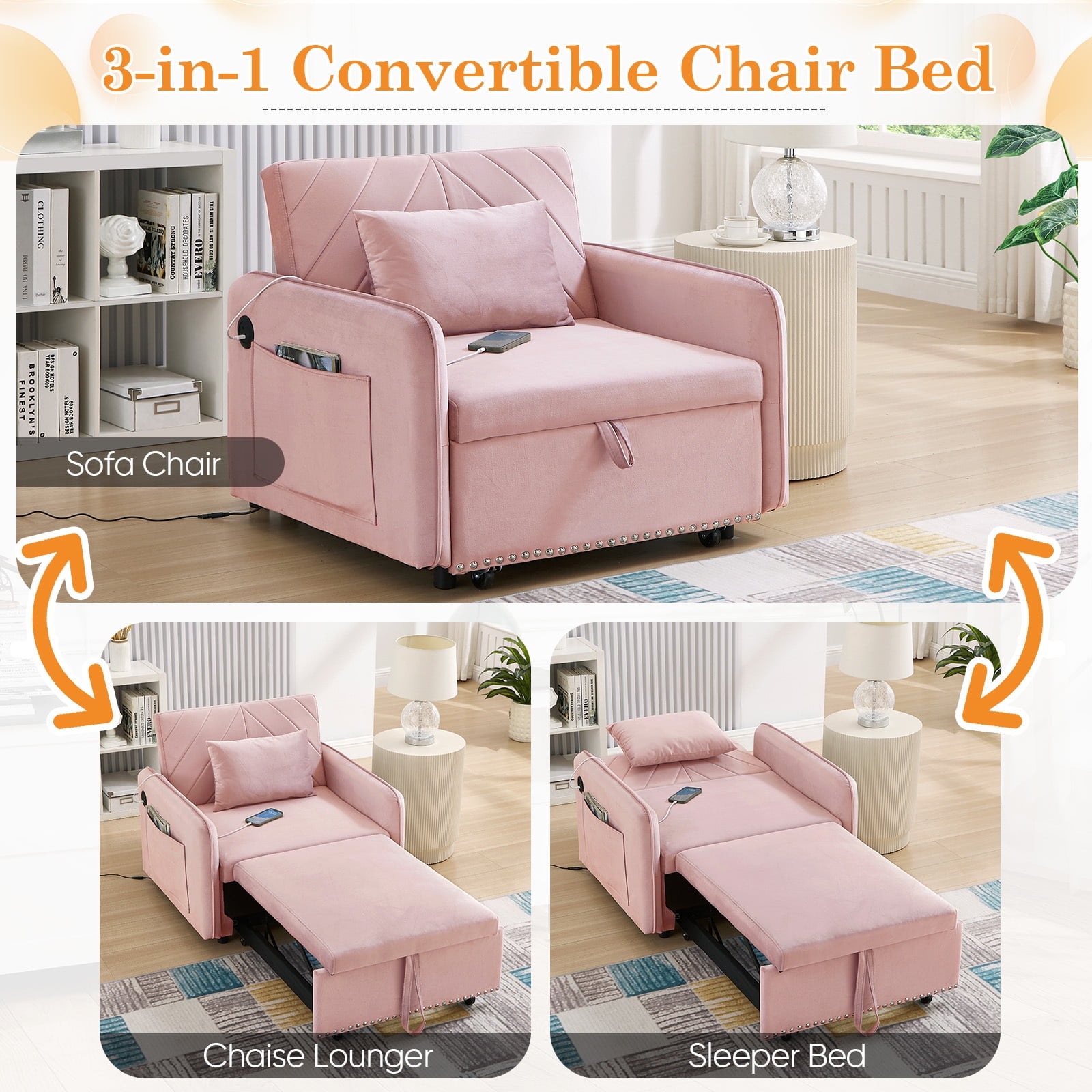 Lunale Convertible Sleeper Chair Bed, Indoor Lounge Chair with USB, Velvet Single Sofa Bed, Pink
