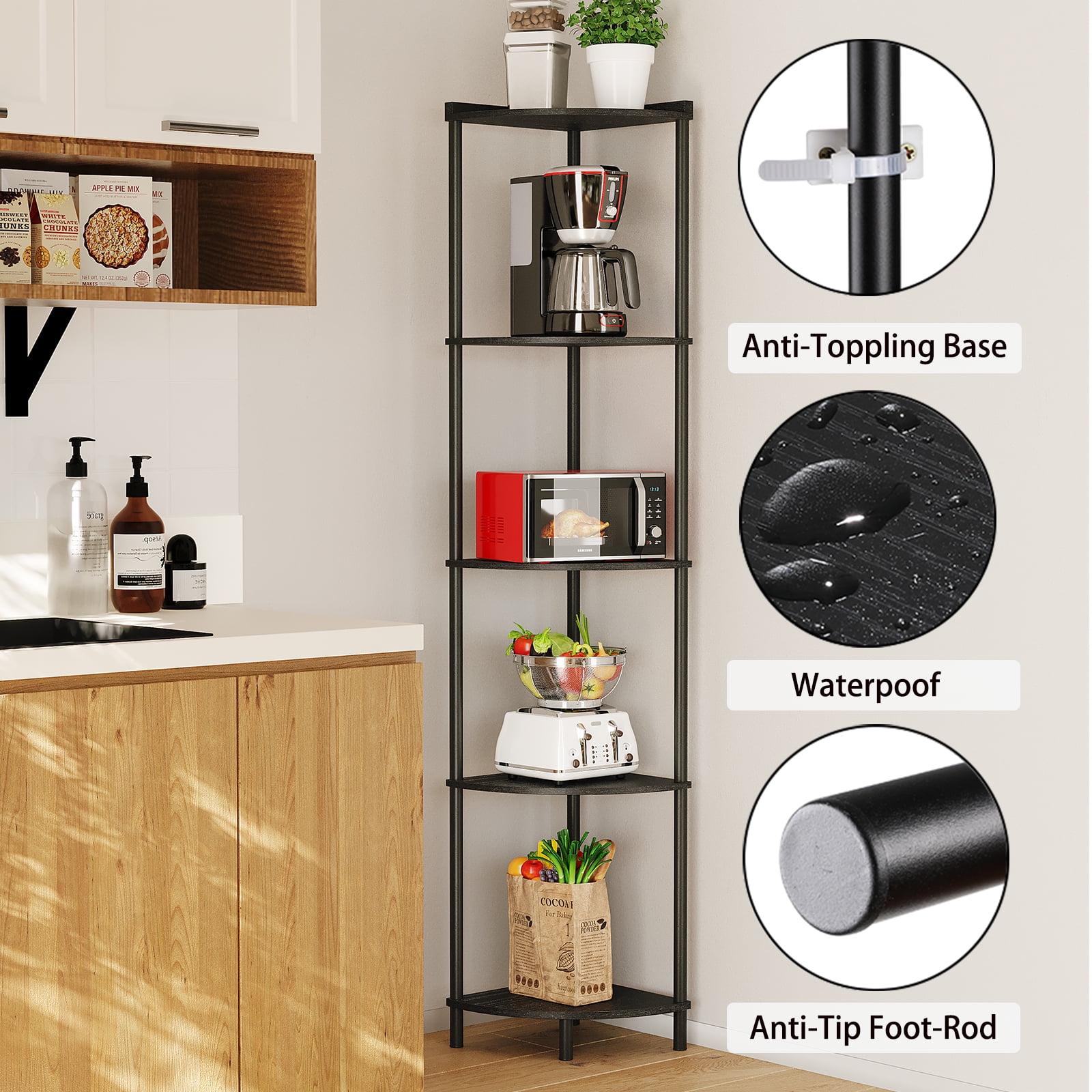 SUNMORY 5-Tier Industrial Corner Shelf Stand, 65" Corner Bookcase Display Shelves, Wall Corner Bookshelf Multi Unit Organizer, Tall Shelf Plant Stand for Bedroom, Bathroom, Living Room, Kitchen
