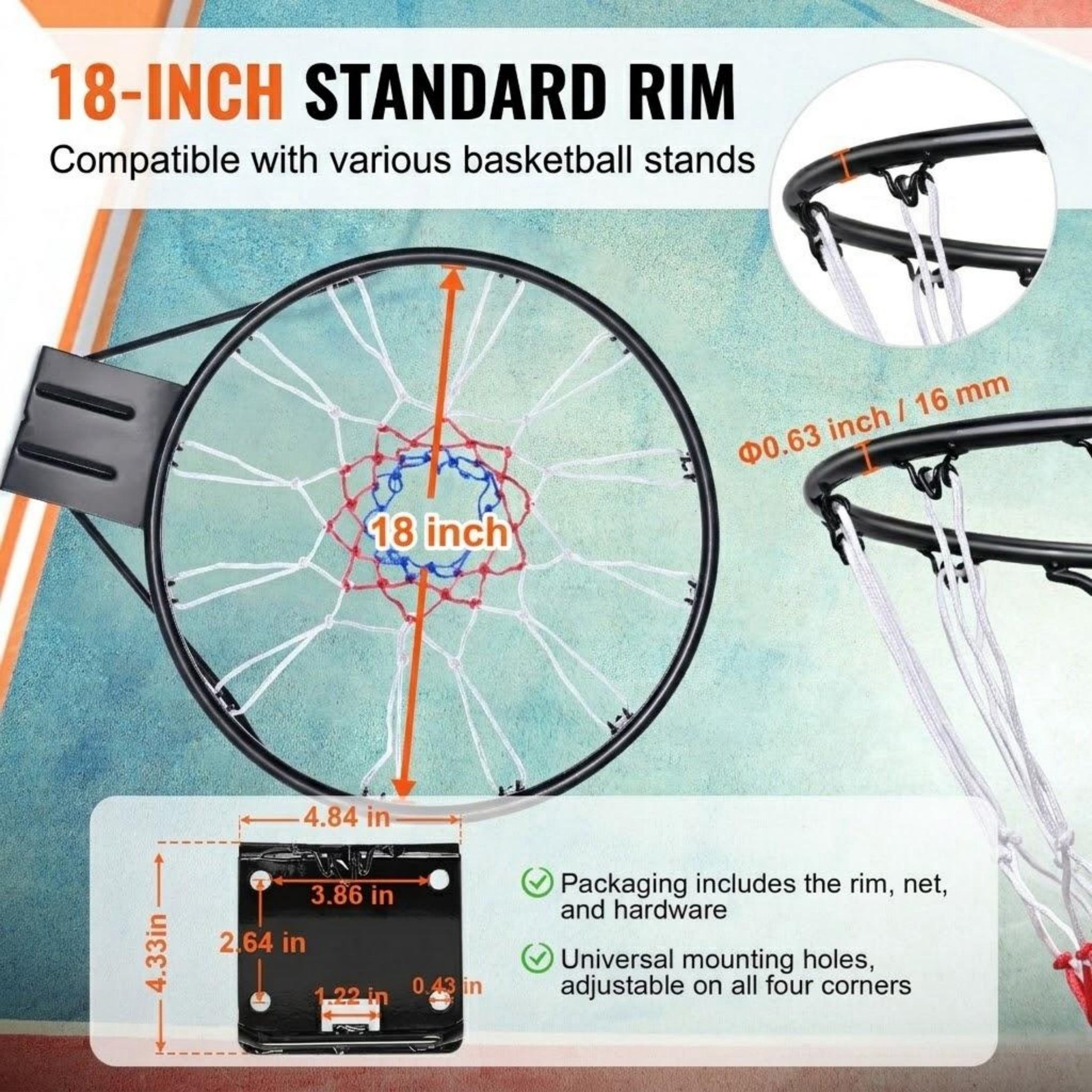 Heavy Duty Q235 Steel Basketball Rim, 18" Flex Goal with Double Spring, Wall & Door Mountable, Includes Net for Kids & Adults