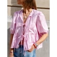 thumbnail image 4 of Musuos Women Loose Blouse, Short Sleeve Tie-up Plaid Elegant Summer T-shirt Streetwear for Casual Daily, 4 of 10