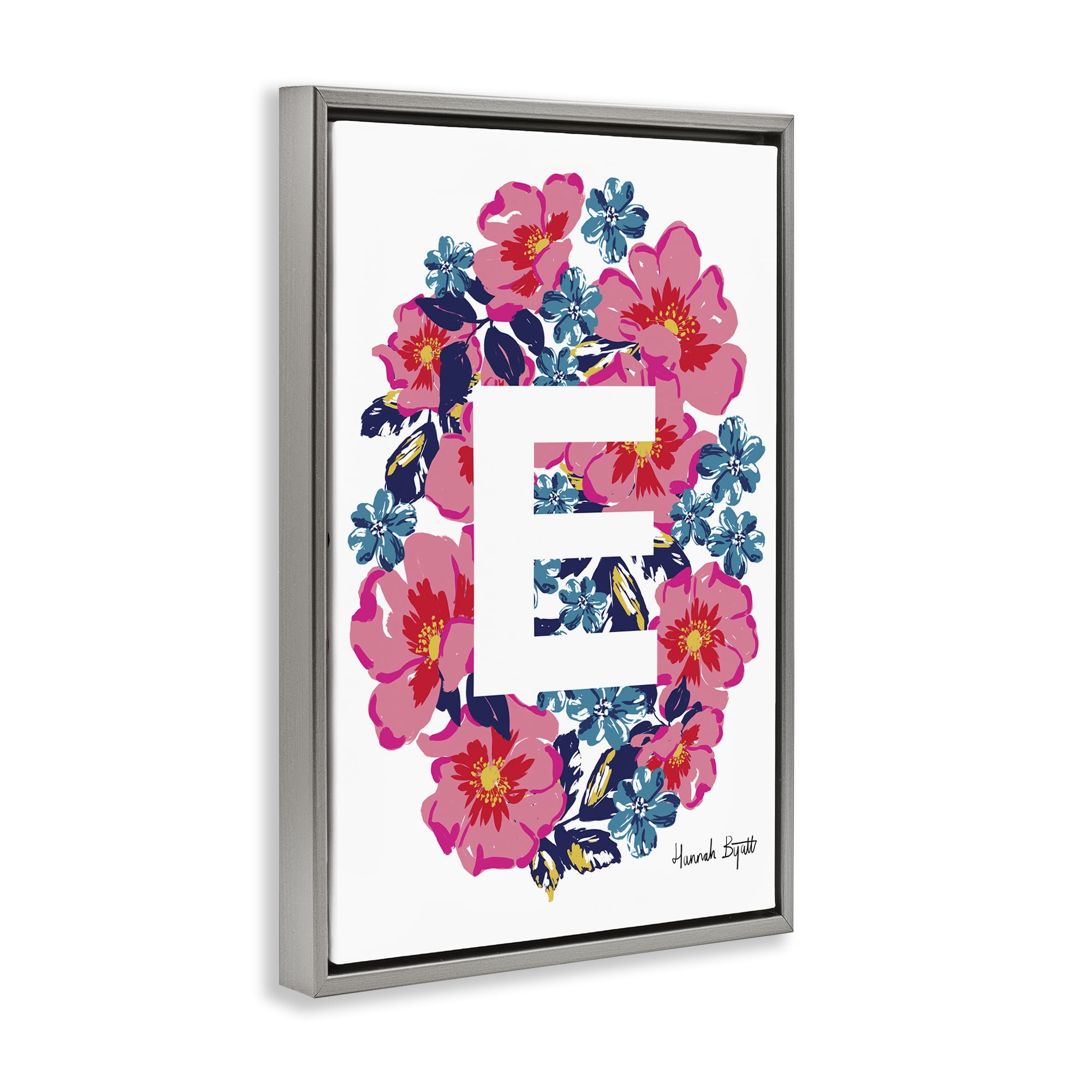 Stupell Industries Floral Bloom Letter E Botanical & Floral Painting Gray Floater Framed Art Print Wall Art, 17 x 25