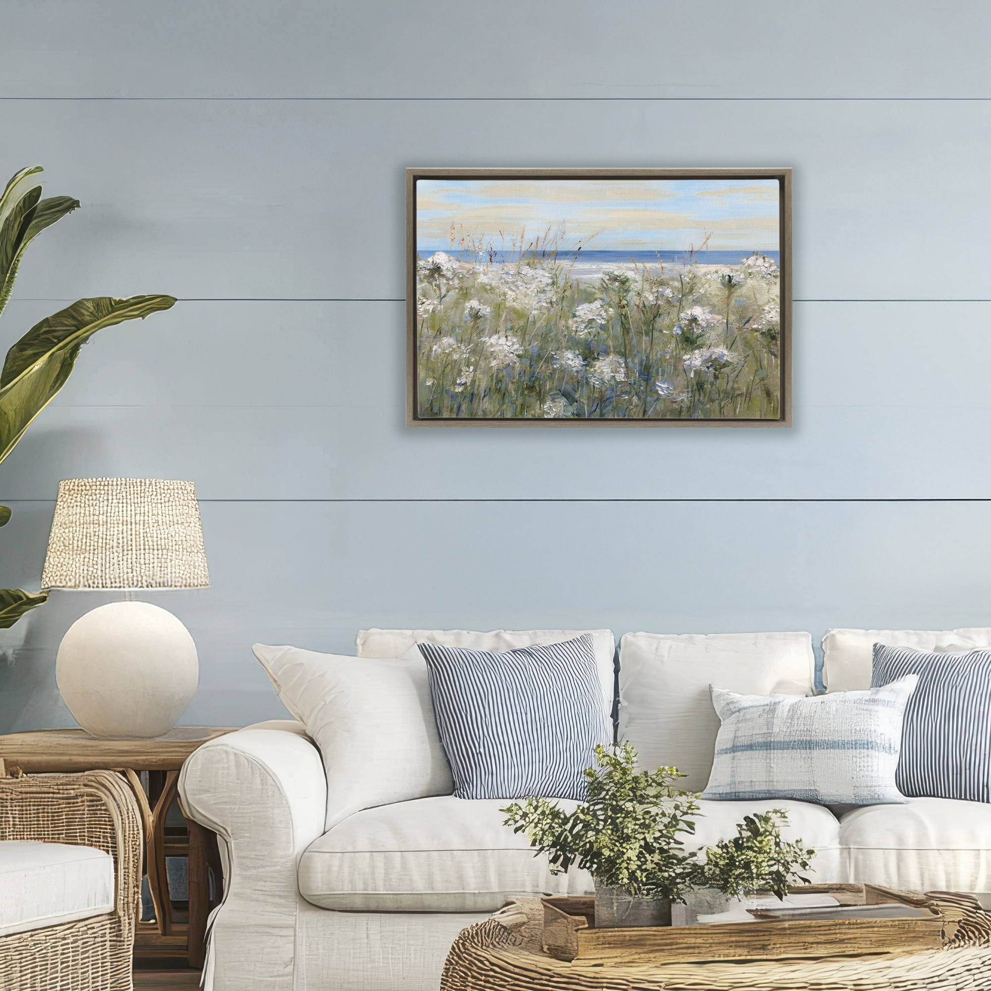Stupell Industries Impressionist Seaside Meadow Brown Framed Floater Canvas Wall Art, design by Sally Swatland