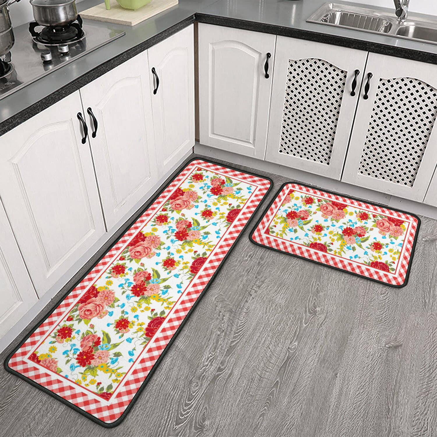 Flower Kitchen Mat Sets 2 Piece Farmhouse Anti Fatigue Waterproof Stain Resistant Floor Rug Non Slip Pioneer Flower Woman Kitchen Laundry Room Rug - 17x30+17x47 Inch