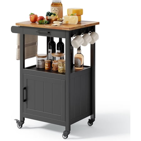 CZMDZH Kitchen Island on Wheels with Drawer Storage Cabinet Shelf and Side Hook Rolling Kitchen Cart with Rubber Wood Countertop Microwave Cart for Small Space Black
