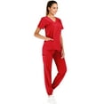 thumbnail image 2 of Minty Mint, Women's, Solid Stretch Medical Uniform Scrub Set V Neck Top Cargo Tapered Jogger Pants, Red, S, 2 of 5
