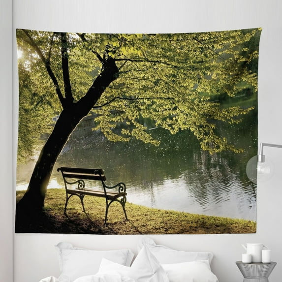 Nature Tapestry, Bench Under Timber Tree by Riverside Epic Countryside Rural Relaxing Resting Space Scenery, Fabric Wall Hanging Decor for Bedroom Living Room Dorm, 5 Sizes, Green, by Ambesonne