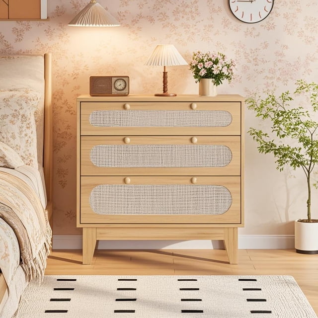 Commode à 3 Tiroirs pour Chambre, Commode Moderne en Rotin, Coffre de Rangement en Bois pour Couloir, Salon
