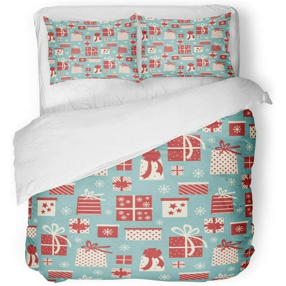 RYLABLUE 3 Piece Bedding Set Blue Vintage Tiling Pattern Red Box Winter Retro Twin Size Duvet Cover with 2 Pillowcase for Home Bedding Room Decoration