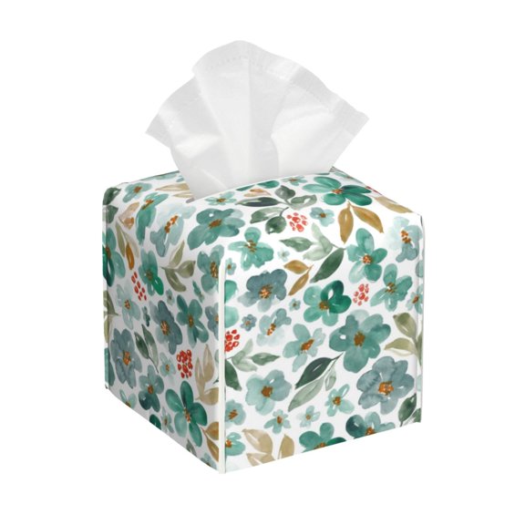 Kdxio Floral In Teal Print Tissue Box Cover,Square Decorative PU Leather Facial Paper Case Organizer Holder Dispenser for Bathroom,Night Stands,Desk,Car 5.2''X5.2''X5.2''