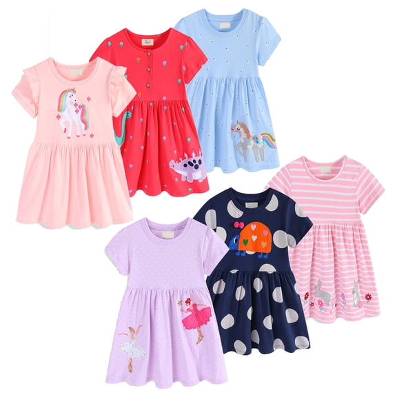 Bellafa 100% Cotton Toddler Girls Summer Short Sleeve Dress Cartoon Prints Casual Jersey Dresses For 2-7 Years-Unicorn