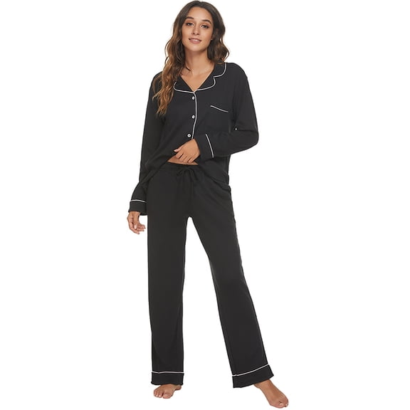 HEARTNICE Ensemble de Pyjama pour Femme à Boutons, Manches Longues, Vêtement de Nuit Léger, Ensemble de Pjs (Noir, M)