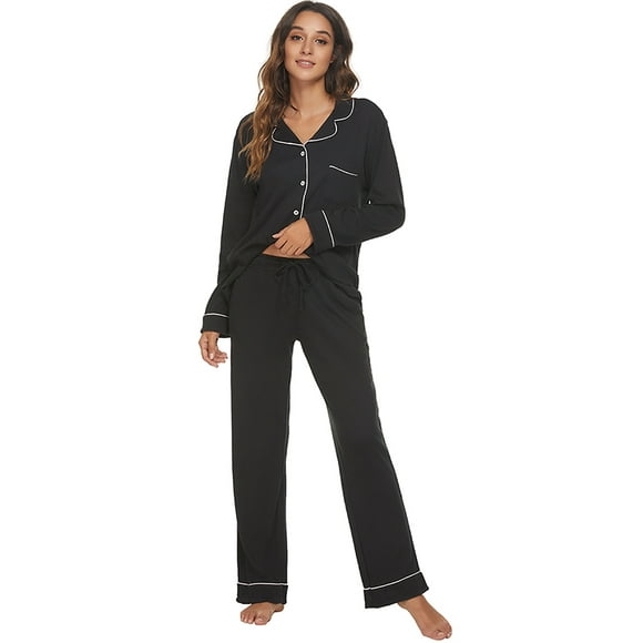 HEARTNICE Women Button up Pajama Set Long Sleeve Sleepwear Lightweight Pjs Set,(Black,L)