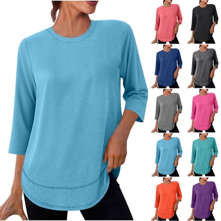 Sentmoon Workout Shirts for Women Cooling Rash Guard for Women Solid Color 3/4 Sleeve Crew Neck Soft Regular Fit Fishing Shirt for Gym and Tennis S