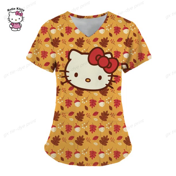 Ropa de mujer, camiseta de verano, camisetas de Hello Kitty, camiseta con cuello en V, camisetas con bolsillos, uniforme de enfermera, camisetas de Hospital, camisetas para mujer 2023