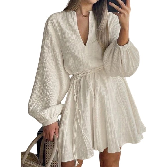 Mini Deep V Long Sleeve Dress for Women A-Line High Waisted Casual Flowy Dress Beige S