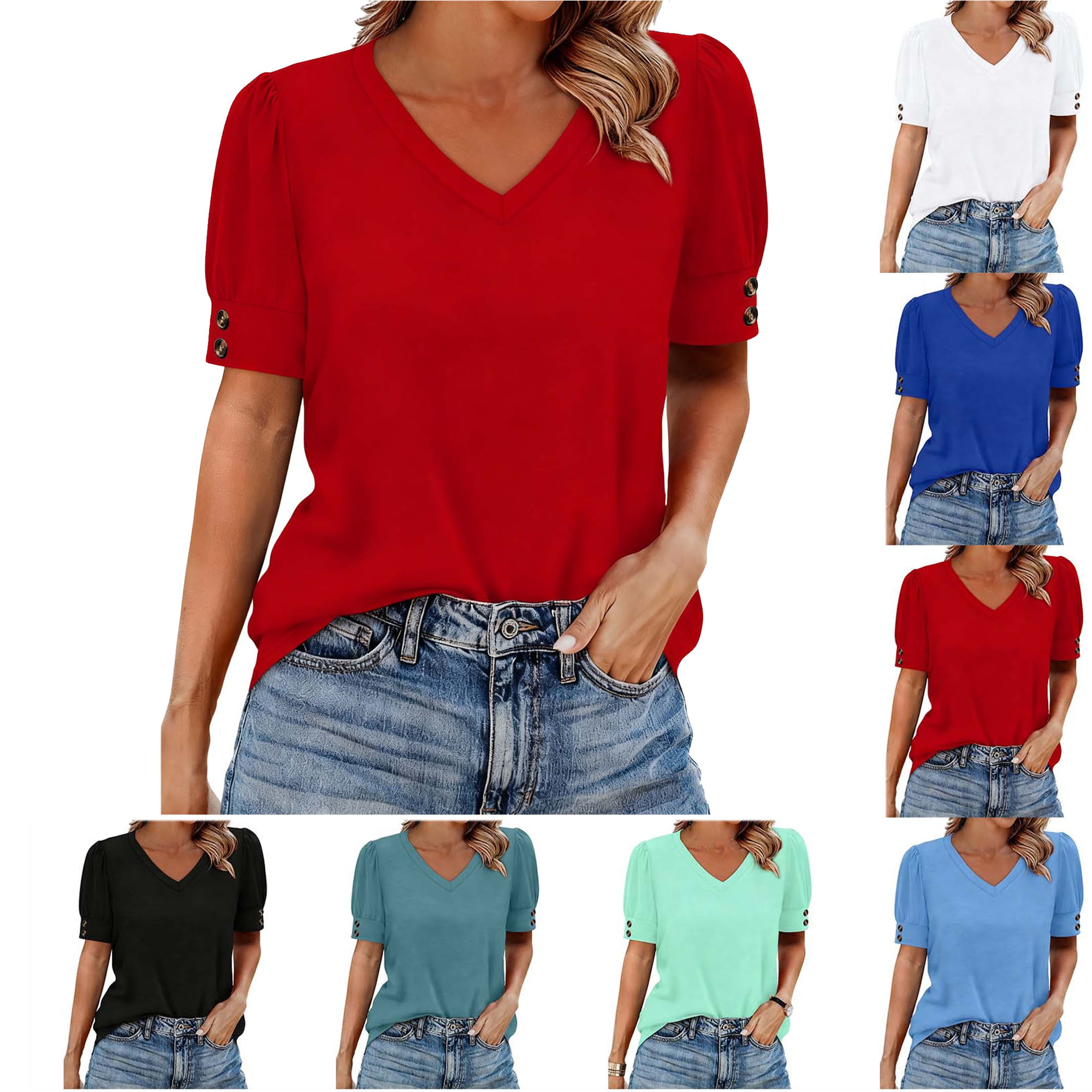Womens Top Dressy Blouses for Women Women's Fashion Spring/Summer Clothing Solid Color Base T-shirt Button Short Sleeve V-neck Top/Shirt Red S