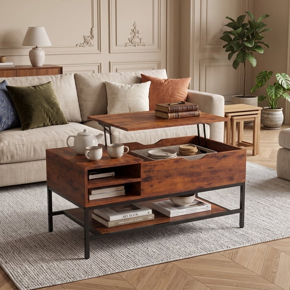39.5" Lift Top Coffee Table with Hidden Compartment &Removable Storage Shelf, Modern Wood Center Table for Living Room,Rustic Brown