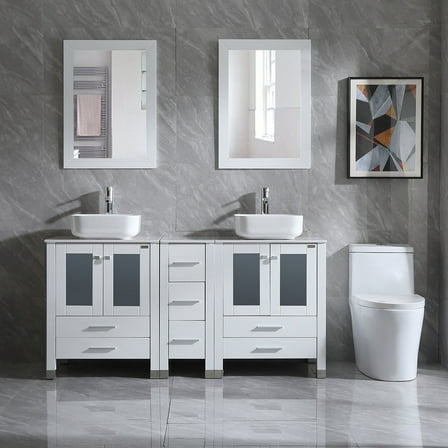 Wonline 60" Bathroom Vanity Wood Cabinet Double Ceramic Sink W/ Mirror White