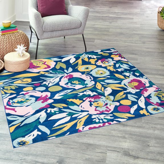 Unique Loom Bloom Collection Area Rug - Hyacinth (7' 10" Square Navy Blue/Light Blue)