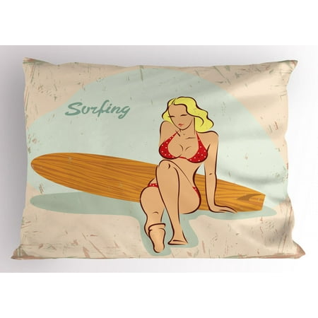 Pin up Girl Pillow Sham A Blonde Girl in Polka Dotted Red Bikini and Sitting on a Wooden Surfboard, Decorative Standard Size Printed Pillowcase, 26 X 20 Inches, Multicolor, by
