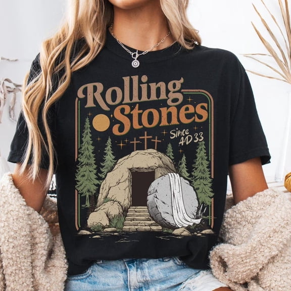 `Rolling Christian Graphic T‑Shirt, Easter Tomb Stone Jesus Christ Faith Print, Women's Crew Neck Short Sleeve Casual Religious Tee