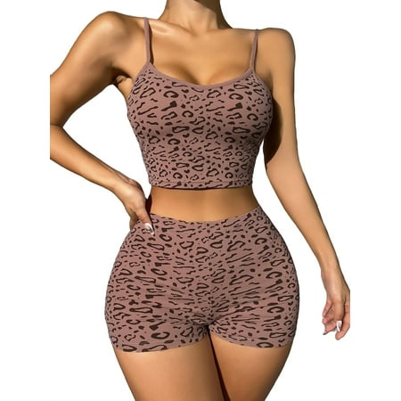 

Casual Leopard Print Spaghetti Strap Short Sets Sleeveless Mauve Purple Womens Pajama Sets (Women s)