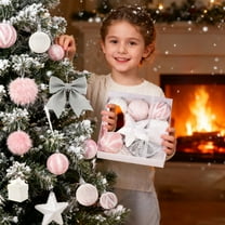 Christmas Tree Decorations, 18Pcs Frosted Sequin Christmas Ornaments Set with Star Topper, Bow, Feather Ball, Gift Box and Hanging Baubles for Elegant Holiday Tree Décor Luxury Collection