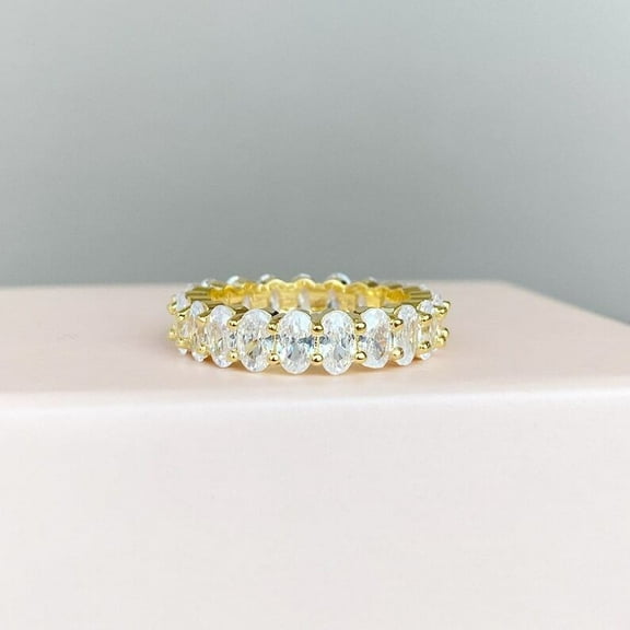 3ct Oval Cut Diamond 14K Yellow Gold Plated Silver Women's Eternity Band Ring - 7