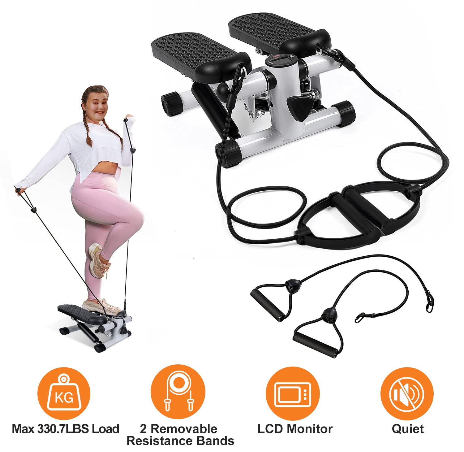 Steppers for Exercise Mini Stepper with 2 Removable Resistance Bands 330.7lbs Steel Stair Stepper for Full Body Workout LCD Monitor Non-Slip Quiet Pedals