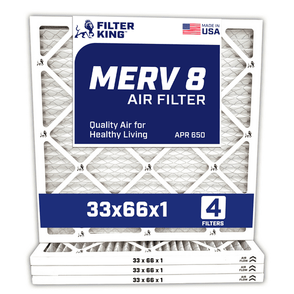 Filter King 33x66x1 Air Filter | 4-PACK | MERV 8 HVAC Pleated A/C Furnace Filters | MADE IN USA | Actual Size: 33 x 66 x .75"